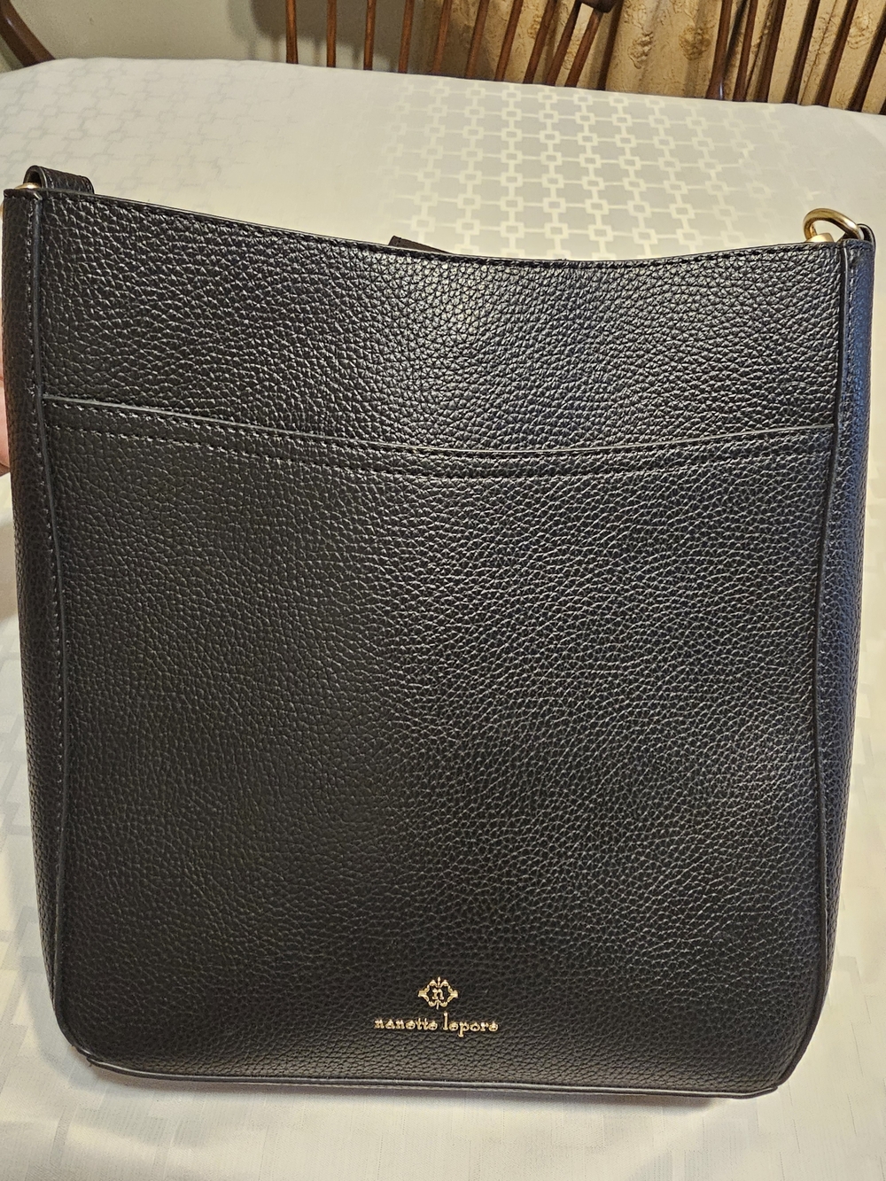 Nanette Lepore Black Pebbled Leather Messenger Crossbody with Gold Logo